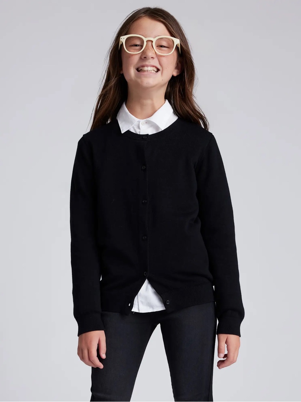 Quince Girl's 100% Cotton Crewneck Black Button-Front Sweater Cardigan sz 12 GUC